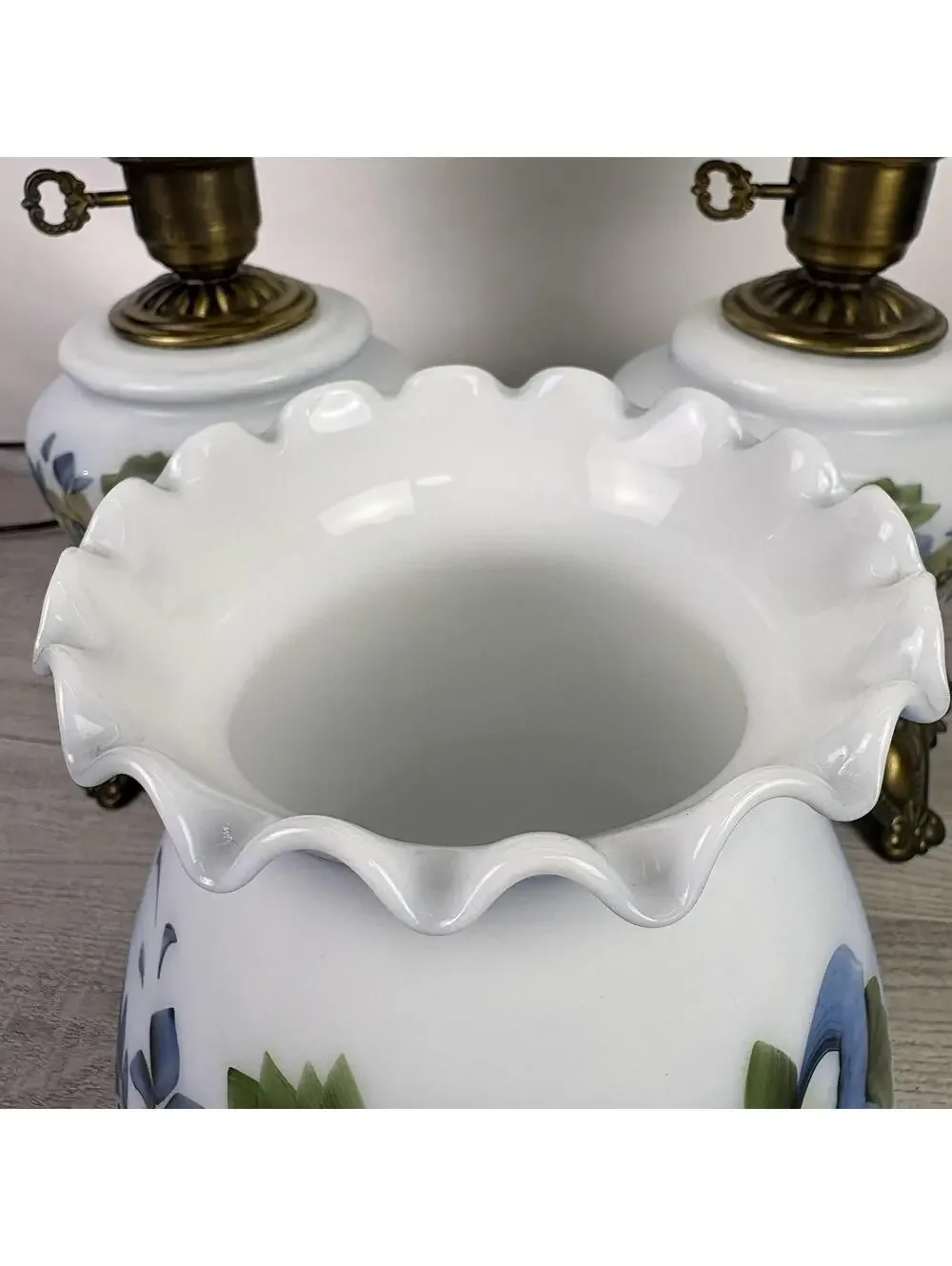 Vintage Pair of Blue Floral Milk Glass Table Lamps